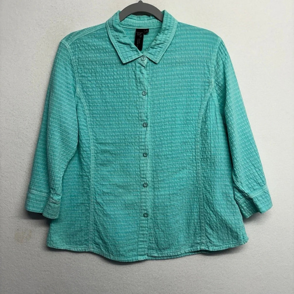 Focus Casual Life Textured Stripe Blue Button Down Blouse Shirt M Cotton - Picture 1 of 6